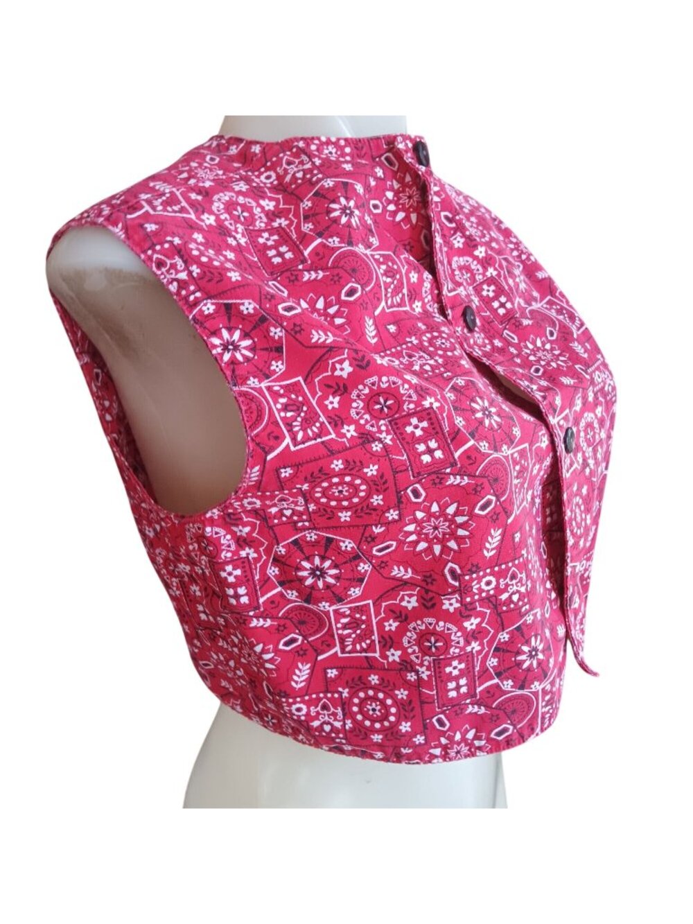 True Vintage Small Crop Top 1970's Red Bandana Hanky Print Country Farmer Vest